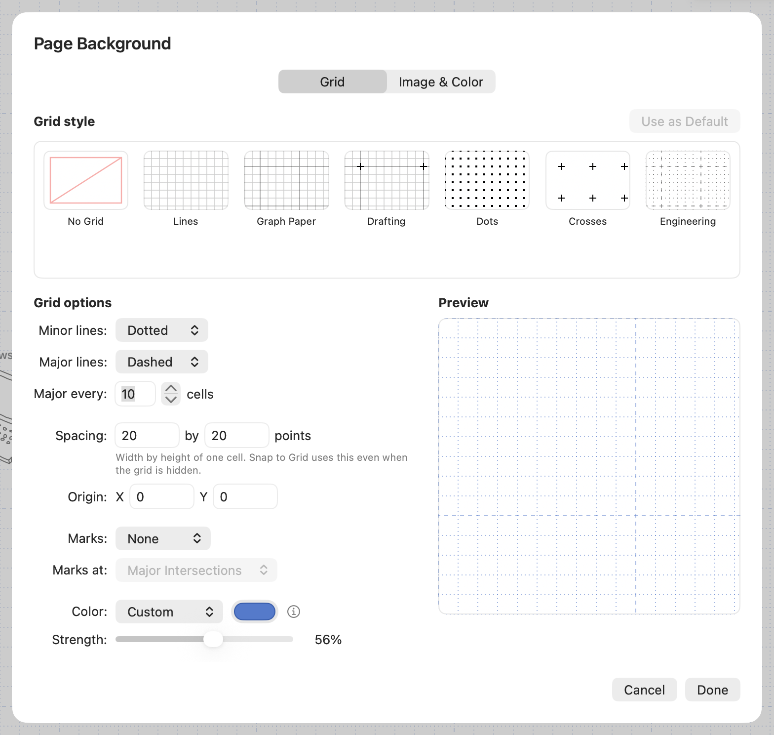The Grid tab of the Page Background sheet