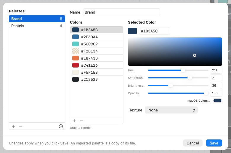 The Manage Palettes sheet with two palettes and the colour editor