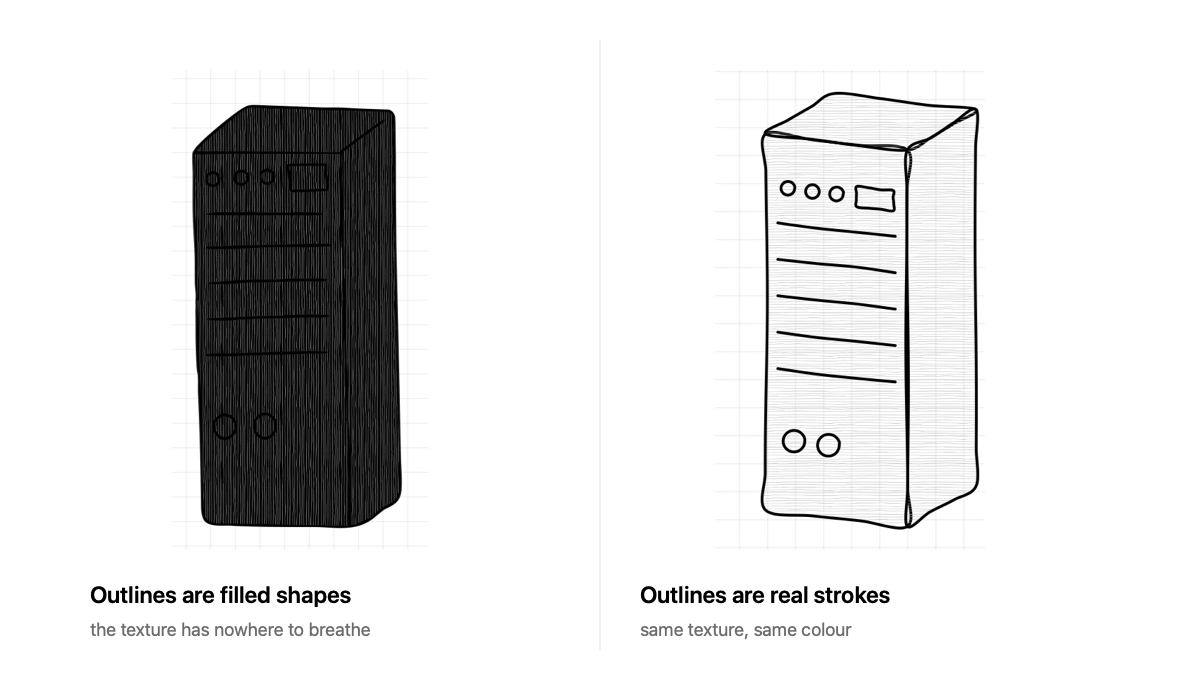 The same server twice with the same texture: the traced version comes out a near-solid slab, the stroked version shows clean hatching